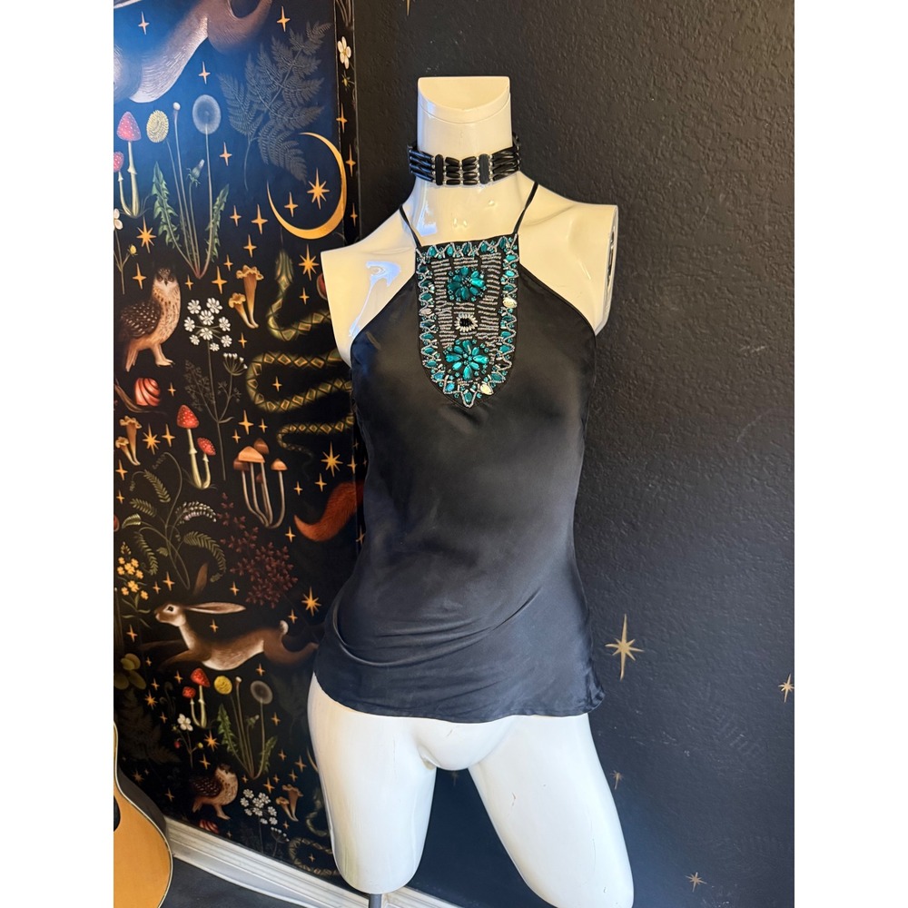 Twenty One Black Satin Halter Top Beaded Teal Gemstone Bib Neckline Tie Back